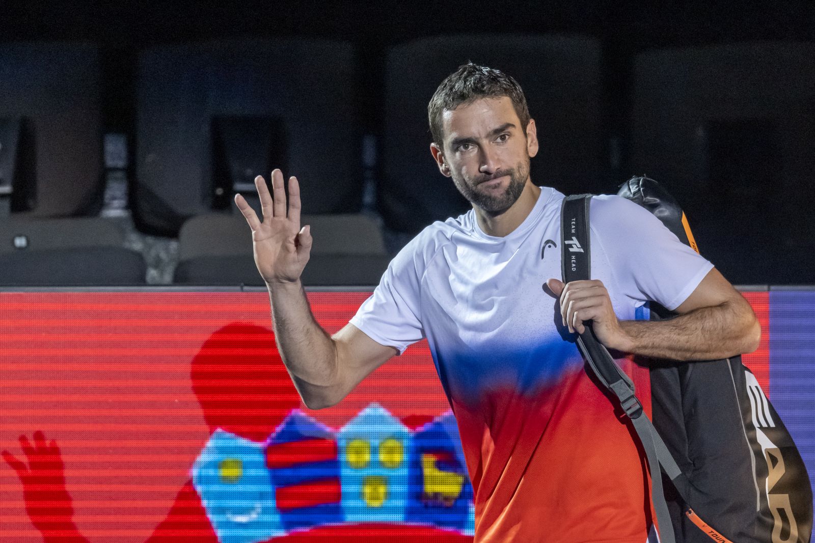 epa10263844 Croatia's Marin Cilic prior to his first round match against France's Arthur Rinderknech at the Swiss Indoors tennis tournament, in Basel, Switzerland, 24 October 2022.  EPA/GEORGIOS KEFALAS