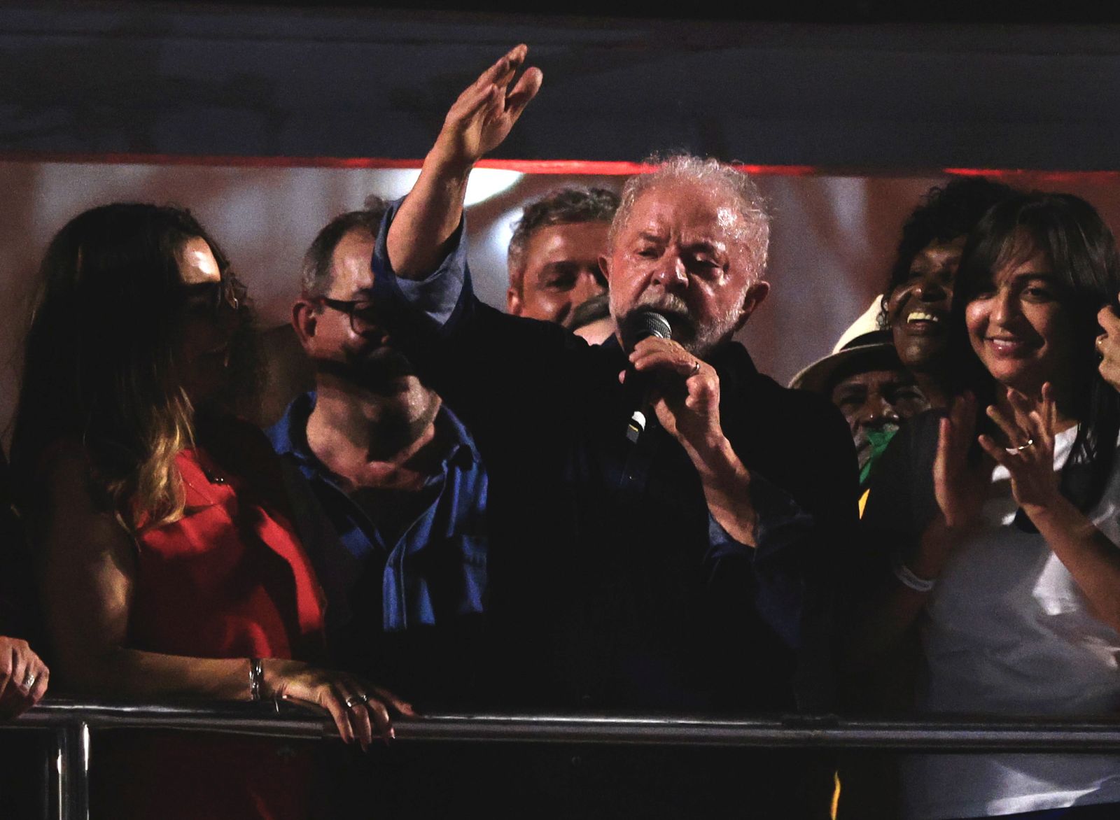 epa10276376 Brazilian President-elect Luiz Inacio Lula da Silva delivers a speech during a celebration with his supporters after his victory in the second round of presidential elections, at the Paulista Avenue in Sao Paulo, Brazil, 30 October 2022. Former President Luiz Inácio Lula da Silva won the second round of the presidential elections in Brazil with 50.83 percent of the vote against the 49.17 percent obtained by the current president, Jair Bolsonaro, with 98.81 percent of the ballot boxes counted.  EPA/Ettore Chiereguini