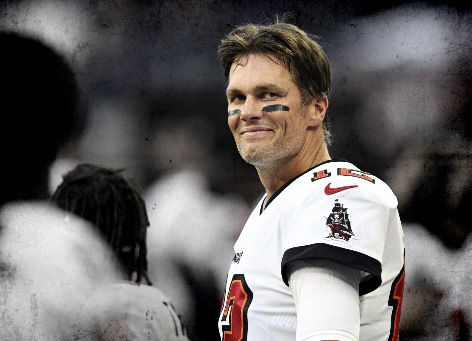 Aug 27, 2022; Indianapolis, Indiana, USA; Tampa Bay Buccaneers quarterback Tom Brady (12) smiles during the national anthem before the game against the Indianapolis Colts at Lucas Oil Stadium. Mandatory Credit: Marc Lebryk-USA TODAY Sports