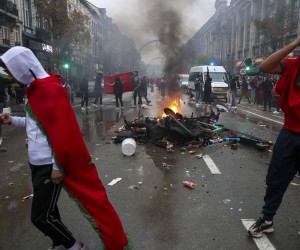 Illustration picture shows incidents during the celebrations of Moroccan supporters and police forces present in the center of Brussels, during a soccer game between Belgium s national team, Nationalteam the Red Devils and Morocco, in Group F of the FIFA 2022 World Cup, on Sunday 27 November 2022. NICOLASxMAETERLINCK PUBLICATIONxNOTxINxBELxFRAxNED x54153232x