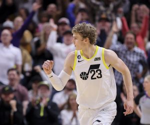 Oct 29, 2022; Salt Lake City, Utah, USA; Utah Jazz forward Lauri Markkanen (23) reacts to making a three point shot against the Memphis Grizzlies in the fourth quarter at Vivint Arena. Mandatory Credit: Rob Gray-USA TODAY Sports