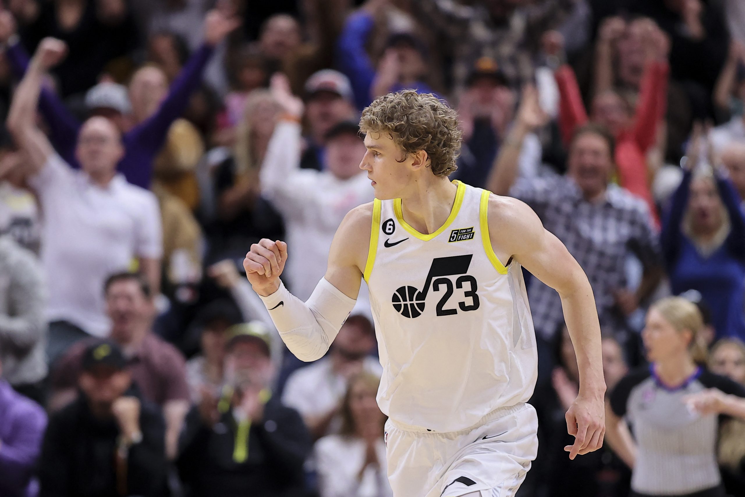 Oct 29, 2022; Salt Lake City, Utah, USA; Utah Jazz forward Lauri Markkanen (23) reacts to making a three point shot against the Memphis Grizzlies in the fourth quarter at Vivint Arena. Mandatory Credit: Rob Gray-USA TODAY Sports