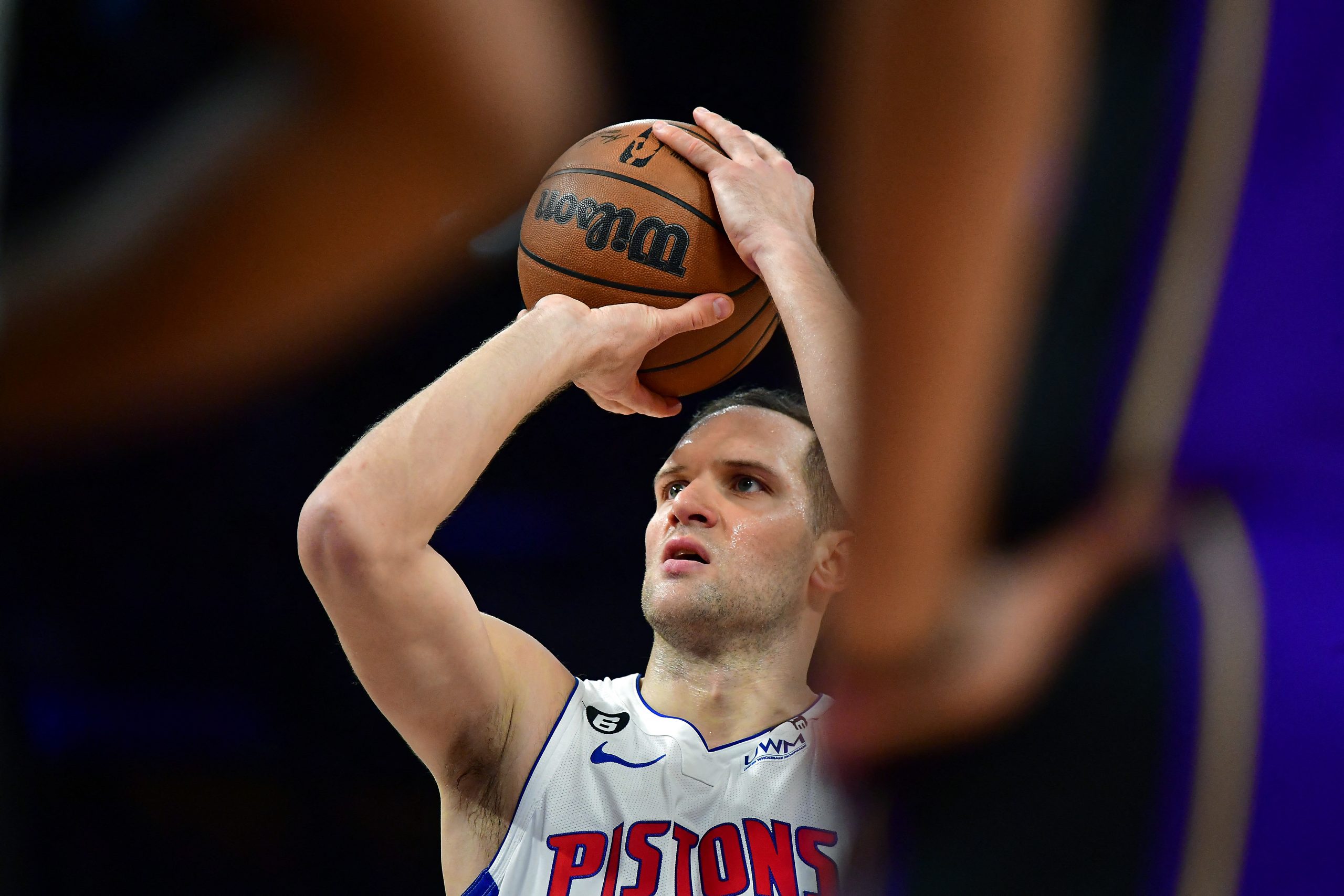 Nov 18, 2022; Los Angeles, California, USA; Detroit Pistons forward Bojan Bogdanovic (44) shoots a free throw against the Los Angeles Lakers during the first half at Crypto.com Arena. Mandatory Credit: Gary A. Vasquez-USA TODAY Sports