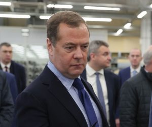 epa10243635 Deputy chairman of the Russian Security Council Dmitry Medvedev (L), accompanied by Head of production of unmanned aerial vehicles Nikita Morshchakin (R), visits the Special Technology Center in St. Petersburg, Russia, 14 October 2022.  EPA/EKATERINA SHTUKINA / SPUTNIK POOL MANDATORY CREDIT