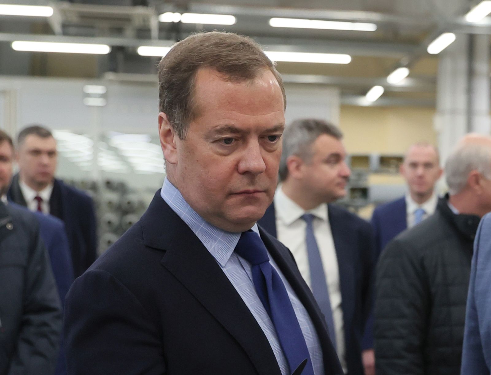 epa10243635 Deputy chairman of the Russian Security Council Dmitry Medvedev (L), accompanied by Head of production of unmanned aerial vehicles Nikita Morshchakin (R), visits the Special Technology Center in St. Petersburg, Russia, 14 October 2022.  EPA/EKATERINA SHTUKINA / SPUTNIK POOL MANDATORY CREDIT