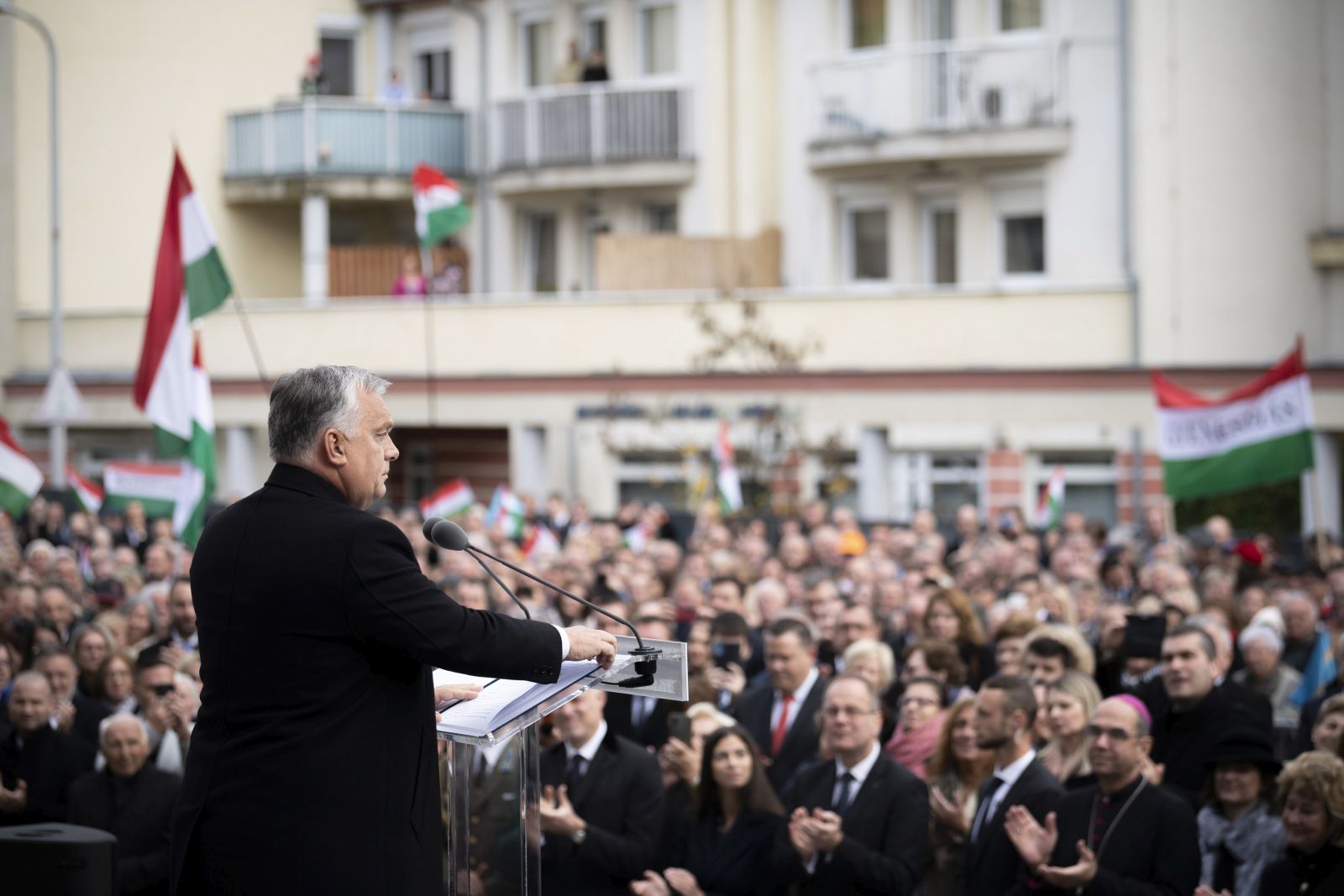 epa10260575 A handout photo made available by the Hungarian Prime Minister's Press Office shows Hungarian Prime Minister Viktor Orban delivering his address to mark the 66th anniversary of the outbreak of the Hungarian revolution and war of independence against communist rule and the Soviet Union in 1956 in Zalaegerszeg, Hungary, 23 October 2022.  EPA/VIVIEN CHER BENKO / HUNGARIAN PRIME MINISTER'S PO / HANDOUT HUNGARY OUT HANDOUT EDITORIAL USE ONLY/NO SALES