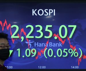 epa10264434 An electronic signboard in the dealing room of Hana Bank in Seoul, South Korea, 25 October 2022, shows the benchmark Korea Composite Stock Price Index (KOSPI) having fallen 1.09 point, or 0.05 percent, to close at 2,235.07. South Korean stocks closed little changed from the previous session, as investors took a breather ahead of earnings reports to be released by major companies later this week, amid worries over global inflation and US monetary tightening.  EPA/YONHAP SOUTH KOREA OUT