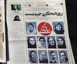 epa10274826 A copy of Iranian daily newspaper Sazandegi showing pictures of two Iranian female journalists Niloufar Hamedi and Elaheh Mohammadi among other imprisoned  journalists and photojournalist with a title reading 'journalism is not a crime' in a kiosk in Tehran, Iran, 30 October 2022. Niloufar Hamedi and Elaheh Mohammadi who are journalist for Iranian local daily newspaper were first two journalists who covered and published death of Mahsa Amini, and later were arrested and now are in prison. After Iranian government accused the two female journalists to conspiracy against the country, Tehran journalists' association published a statement as saying that 'journalism is not a crime'. Some Iranian journalists and photojournalists have been arrested and are in prison since the anti-government protests started in the country.  EPA/ABEDIN TAHERKENAREH