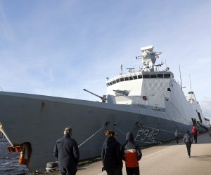 epa10275408 An Absalon-class frigate HDMS Esbern Snare (F342) of the Royal Danish Navy of Standing NATO Maritime Group One (SNMG1) is seen during the visit to Riga, Latvia, 30 October 2022. The second De Zeven Provincien-class frigate HNLMS Tromp (F803) of the Royal Netherlands Navy, Nansen class frigate KNM Roald Amundsen (F311) of the Royal Norwegian Navy and Absalon-class frigate HDMS Esbern Snare (F342) of the Royal Danish Navy of Standing NATO Maritime Group One (SNMG1) currently stationed in the Baltic Sea arrived at Riga Passenger Port on a planned visit, demonstrating NATO's presence and strengthening the principles of collective defense in the Baltic Sea region. People had the opportunity to learn more about warships of NATO's first permanent naval group, as well as view the military equipment of the NATOÕs enhanced forward presence (NATO eFP) Battle Group Latvia.  EPA/TOMS KALNINS