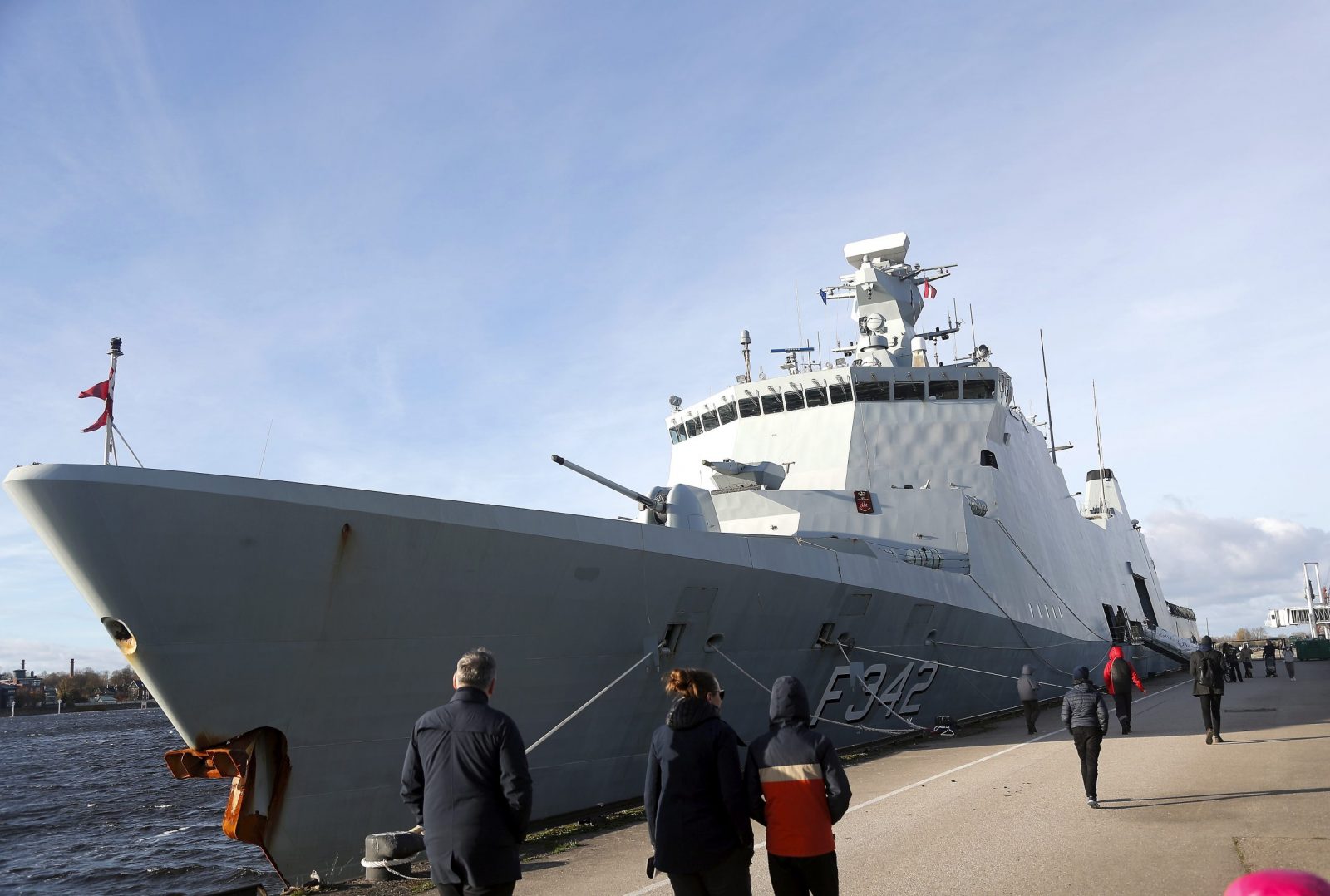epa10275408 An Absalon-class frigate HDMS Esbern Snare (F342) of the Royal Danish Navy of Standing NATO Maritime Group One (SNMG1) is seen during the visit to Riga, Latvia, 30 October 2022. The second De Zeven Provincien-class frigate HNLMS Tromp (F803) of the Royal Netherlands Navy, Nansen class frigate KNM Roald Amundsen (F311) of the Royal Norwegian Navy and Absalon-class frigate HDMS Esbern Snare (F342) of the Royal Danish Navy of Standing NATO Maritime Group One (SNMG1) currently stationed in the Baltic Sea arrived at Riga Passenger Port on a planned visit, demonstrating NATO's presence and strengthening the principles of collective defense in the Baltic Sea region. People had the opportunity to learn more about warships of NATO's first permanent naval group, as well as view the military equipment of the NATOÕs enhanced forward presence (NATO eFP) Battle Group Latvia.  EPA/TOMS KALNINS