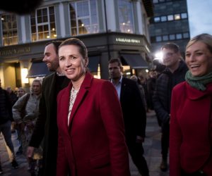 epa10279344 Danish Prime Minister and chairman of the Social Democratic Party Mette Frederiksen and Trine Bramsen during the election campaign in Odense, Denmark, 01 November 2022. General elections are underway in Denmark.  EPA/TIM KILDEBORG JENSEN  DENMARK OUT