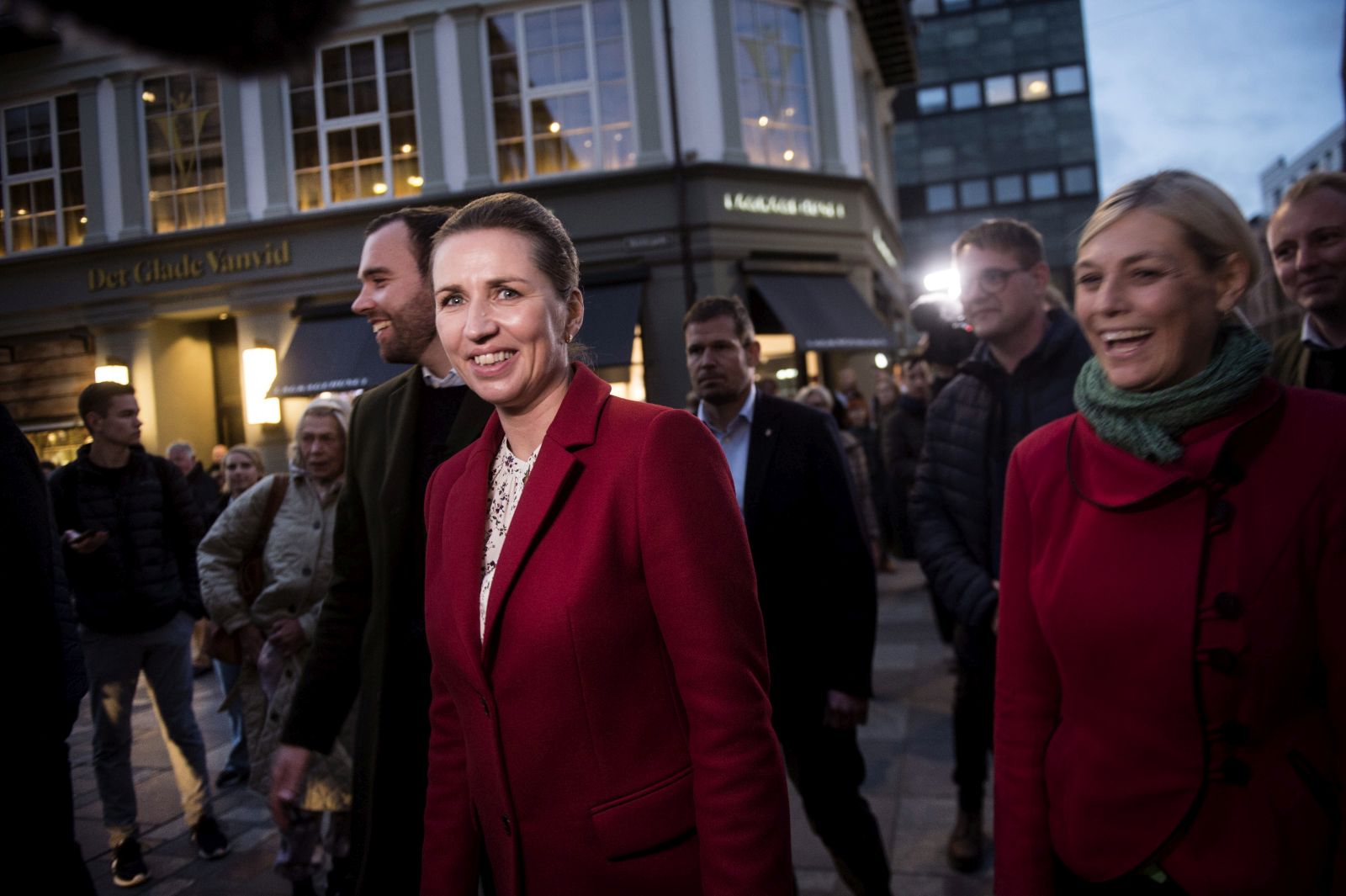 epa10279344 Danish Prime Minister and chairman of the Social Democratic Party Mette Frederiksen and Trine Bramsen during the election campaign in Odense, Denmark, 01 November 2022. General elections are underway in Denmark.  EPA/TIM KILDEBORG JENSEN  DENMARK OUT