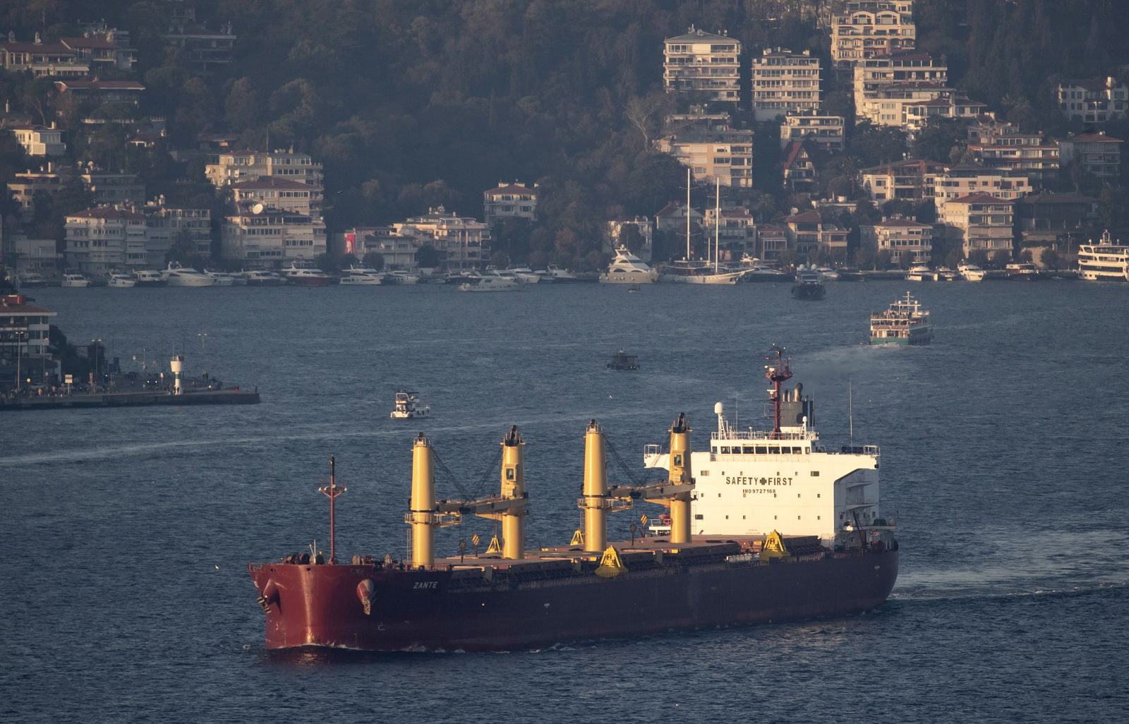 epa10281687 Cargo ship Zante, carrying Ukranian grain, sails on the Bosphorus Strait, in Istanbul, Turkey, 02 November 2022. On 02 November Russian Defence Ministry in a statement announced Russia will resume its participation in the grain exports deal, after suspending its participation on 29 October.  EPA/ERDEM SAHIN