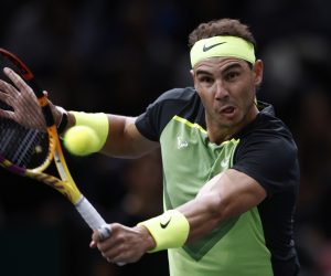 epa10282483 Rafael Nadal of Spain in action during his second round match against Tommy Paul of US at the Rolex Paris Masters tennis tournament in Paris, France, 02 November 2022.  EPA/YOAN VALAT