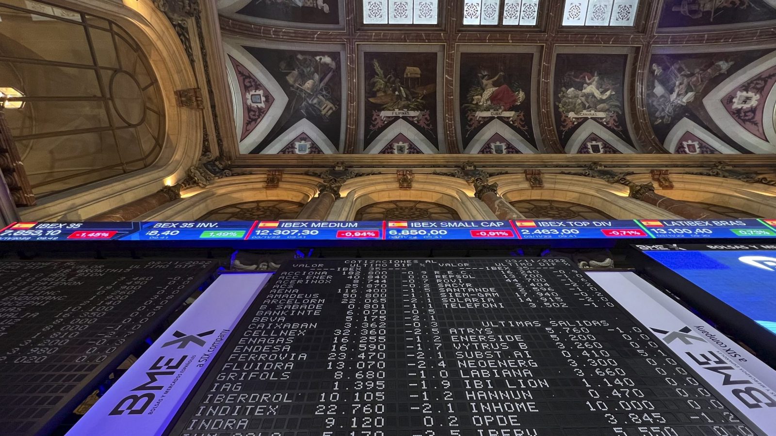 epa10283101 Screens show the Ibex 35 evolution and other stock information at Madrid's Stock Exchange in Madrid, Spain, 03 November 2022. The IBEX 35, the main Spanish selective index, fell 1.04 percent at the opening of trading session, affected by the message sent by the U.S. Federal Reserve (Fed), which warned that the ceiling that interest rates may reach will be higher than expected.  EPA/ALTEA TEJIDO