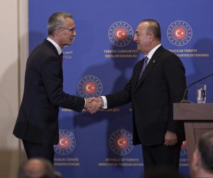 epa10284151 Turkish Foreign Minister Mevlut Cavusoglu (R) and NATO Secretary General Jens Stoltenberg shake hands at the end of a press conference after their meeting in Istanbul, Turkey, 03 November 2022. Stoltenberg is in Turkey to discuss the NATO membership status of Sweden and Finland.  EPA/ERDEM SAHIN