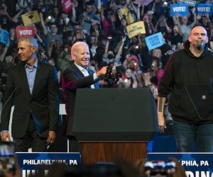 epa10289031 Former US President Barack Obama (L) US President Joe Biden (C) and Senate candidate John Fetterman (R) at a rally in Philadelphia, Pennsylvania, USA, 05 November 2022. The US midterm elections are held every four years at the midpoint of each presidential term and this year include elections for all 435 seats in the House of Representatives, 35 of the 100 seats in the Senate and 36 of the 50 state governors as well as numerous other local seats and ballot issues.  EPA/WILL OLIVER