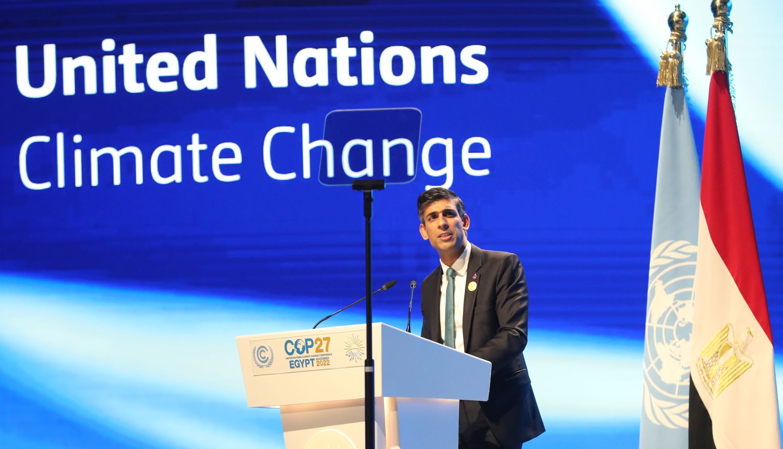 epa10292563 British Prime Minister Rishi Sunak speaks  during the 2022 United Nations Climate Change Conference (COP27),  in Sharm El-Sheikh, Egypt, 07 November 2022. The 2022 United Nations Climate Change Conference (COP27), runs from 06-18 November, and is expected to host one of the largest number of participants in the annual global climate conference as over 40,000 estimated attendees, including heads of states and governments, civil society, media and other relevant stakeholders will attend. The events will include a Climate Implementation Summit, thematic days, flagship initiatives, and Green Zone activities engaging with climate and other global challenges.  EPA/SEDAT SUNA