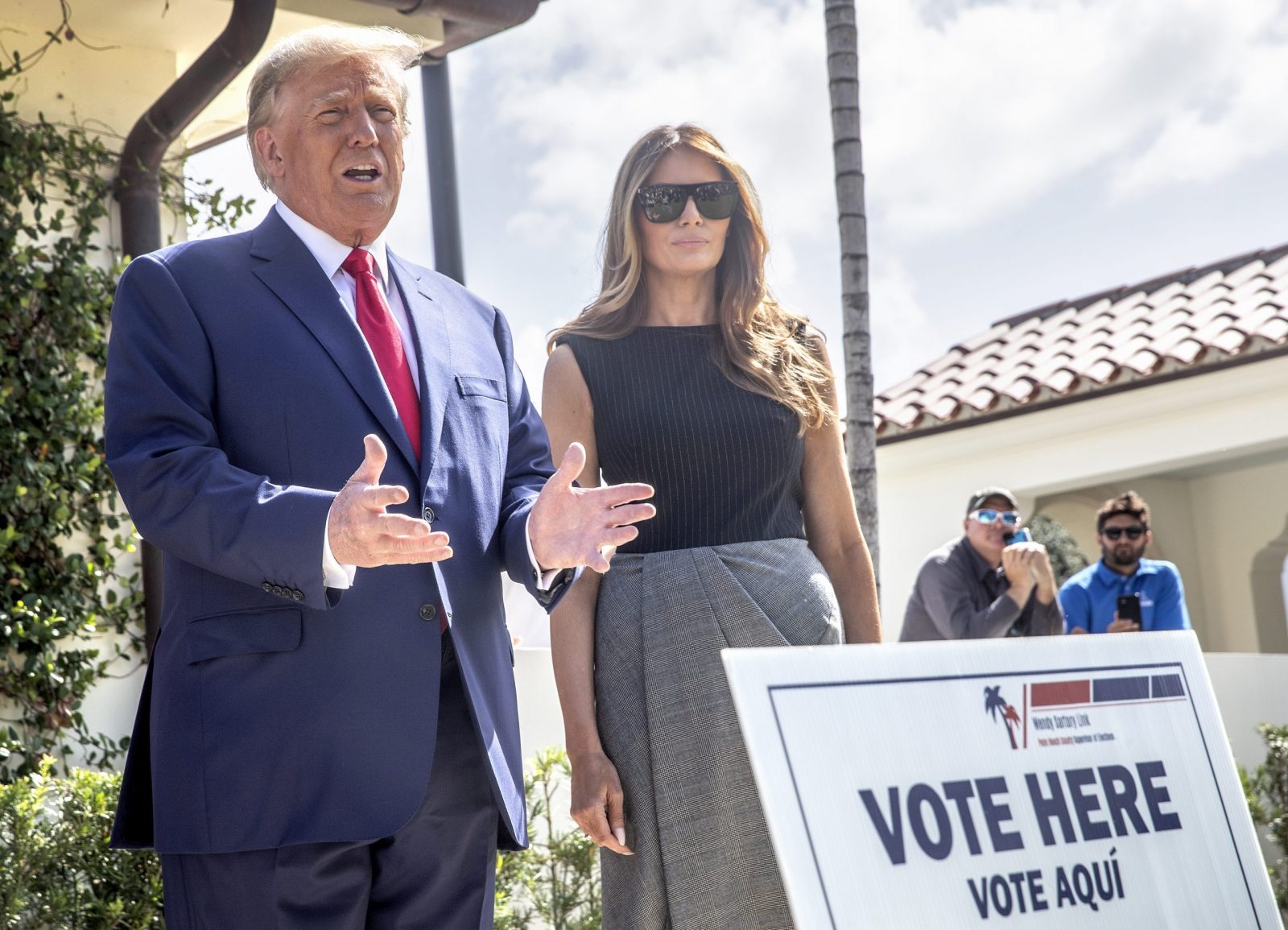 epa10294157 Former US President Donald J. Trump (L) and former First Lady Melania Trump (R), walk out of the electoral precinct after voting in-person at the Morton and Barbara Mandel Recreation Center in Palm Beach, Florida, USA, 08 October 2022. The US midterm elections are held every four years at the midpoint of each presidential term and this year include elections for all 435 seats in the House of Representatives, 35 of the 100 seats in the Senate and 36 of the 50 state governors as well as numerous other local seats and ballot issues.  EPA/CRISTOBAL HERRERA-ULASHKEVICH