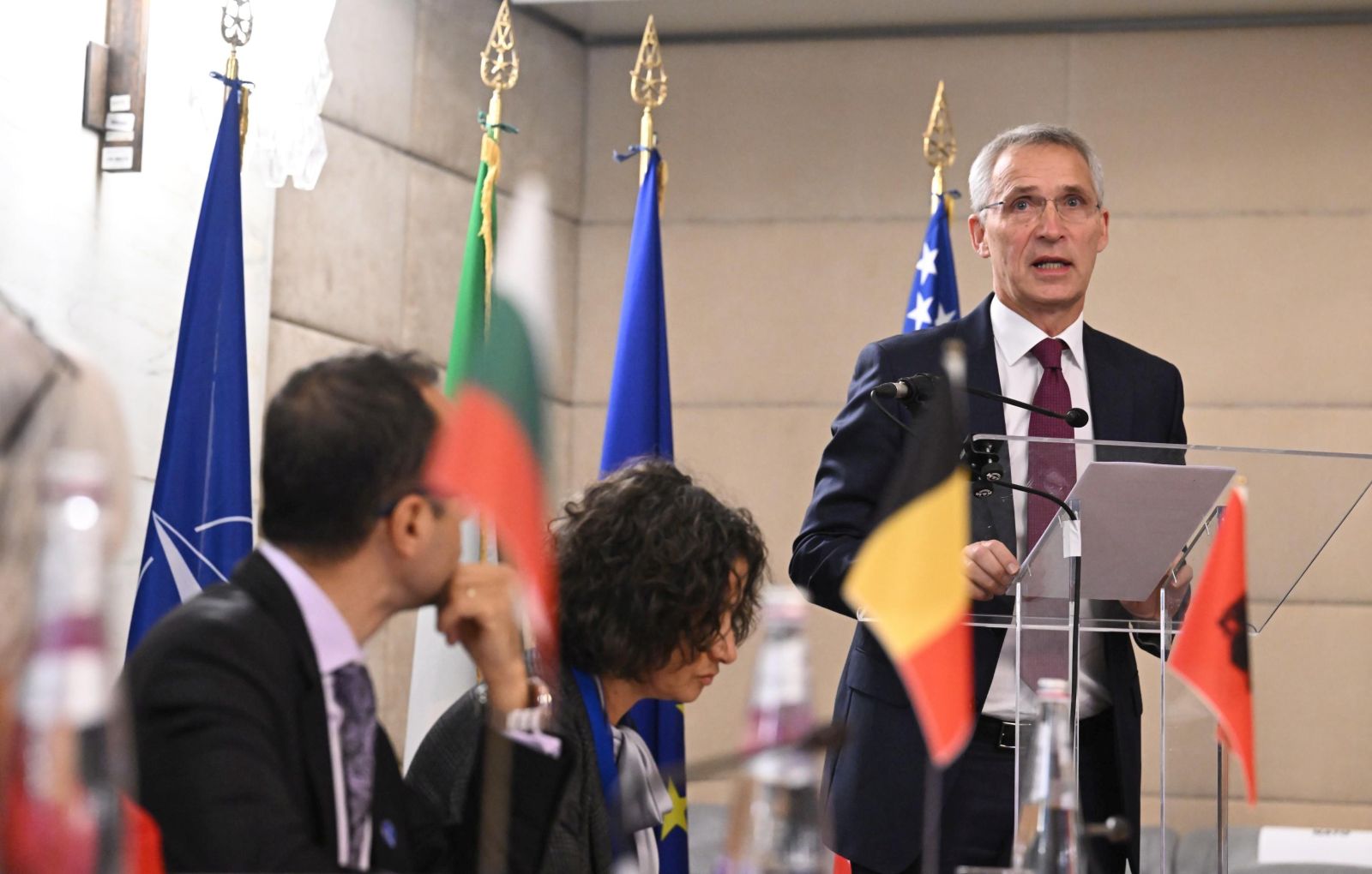 epa10297882 NATO Secretary General Jens Stoltenberg delivers an address during the NATO Cyber Defence Pledge Conference 2022 at the Farnesina Palace in Rome, Italy, 10 November 2022. The event, discussing NATO's effort to counter cyber threats and to ensure the NATO Cyber Defense Pledge, is co-hosted by Italy and the United States.  EPA/CLAUDIO PERI