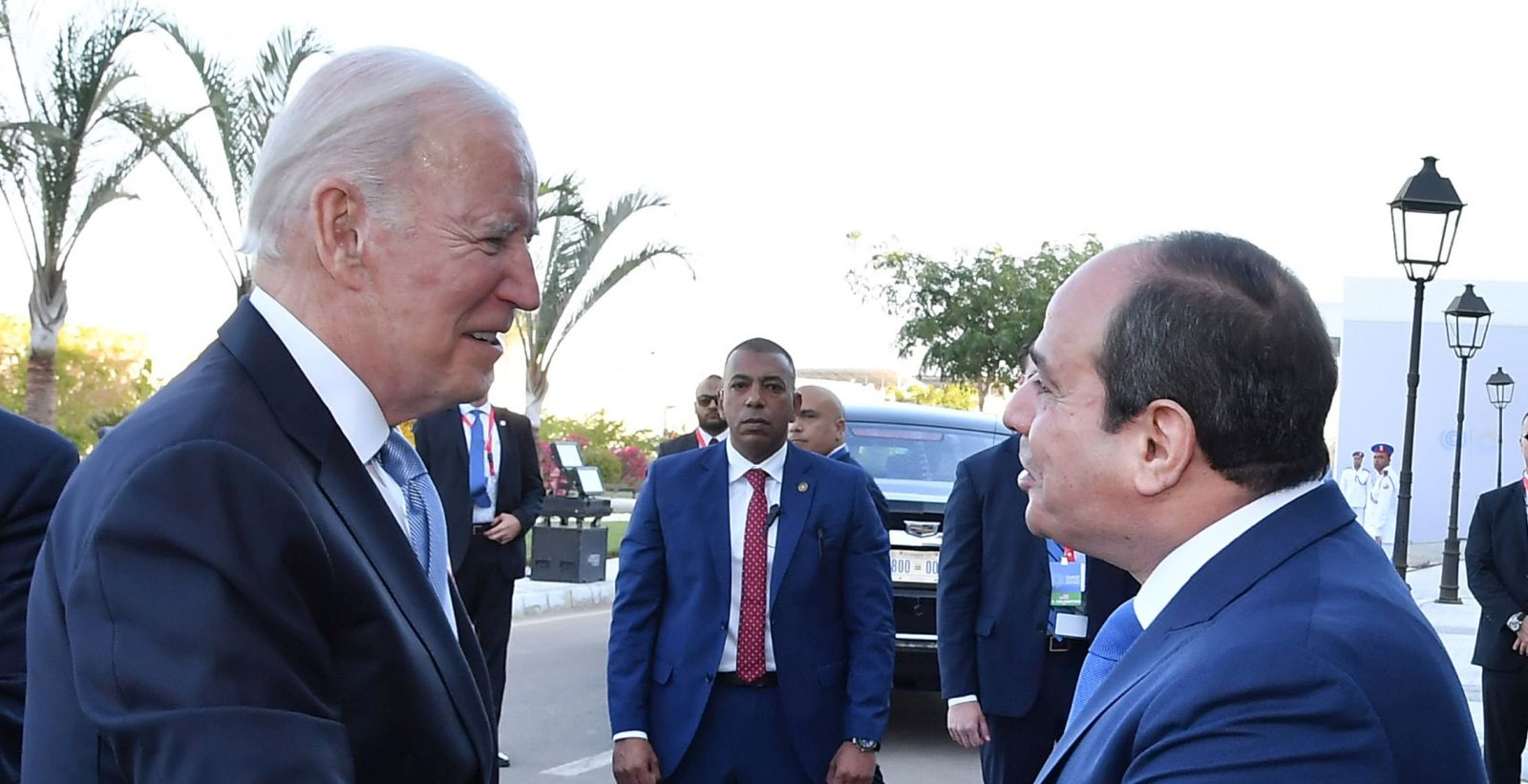 epa10300066 A handout photo made available by the Egyptian Presidency shows Egyptian President Abdel Fattah el-Sisi (R) and his US counterpart Joe Biden meeting on the sidelines of the COP27 summit, in Sharm El-Sheikh, Egypt, 11 November 2022. COP27 runs from 06-18 November, and is expected to host one of the largest number of participants in the annual global climate conference as over 40,000 estimated attendees, including heads of states and governments, civil society, media and other relevant stakeholders will attend. The events will include a Climate Implementation Summit, thematic days, flagship initiatives, and Green Zone activities engaging with climate and other global challenges.  EPA/EGYPTIAN PRESIDENCY HANDOUT  HANDOUT EDITORIAL USE ONLY/NO SALES