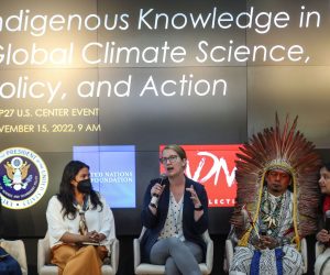 epa10306500 Wahleah Johns (L), Director of the U.S. Department of Energy (DOE), Jade Begay (L-2), Climate Justice Campaign Director, and Indigenous Chief Ninawa (R-2) attend a meeting 'Indigenous Knowledge in Global Climate Science, Policy and Action' at the 2022 United Nations Climate Change Conference (COP27), in Sharm El-Sheikh, Egypt, in Sharm El-Sheikh, Egypt, 15 November 2022. The COP27 runs from 06-18 November, and is expected to host one of the largest number of participants in the annual global climate conference as over 40,000 estimated attendees, including heads of states and governments, civil society, media and other relevant stakeholders will attend. The events will include a Climate Implementation Summit, thematic days, flagship initiatives, and Green Zone activities engaging with climate and other global challenges.  EPA/SEDAT SUNA  EPA-EFE/SEDAT SUNA