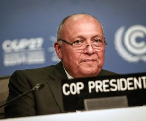 epa10312610 COP27 President and Egypt's Foreign Minister Sameh Shoukry speaks at the 2022 United Nations Climate Change Conference (COP27), in Sharm El-Sheikh, Egypt, 18 November 2022. The 2022 United Nations Climate Change Conference (COP27), runs from 06-18 November, and is expected to host one of the largest number of participants in the annual global climate conference as over 40,000 estimated attendees, including heads of states and governments, civil society, media and other relevant stakeholders will attend. The events will include a Climate Implementation Summit, thematic days, flagship initiatives, and Green Zone activities engaging with climate and other global challenges.  EPA/SEDAT SUNA