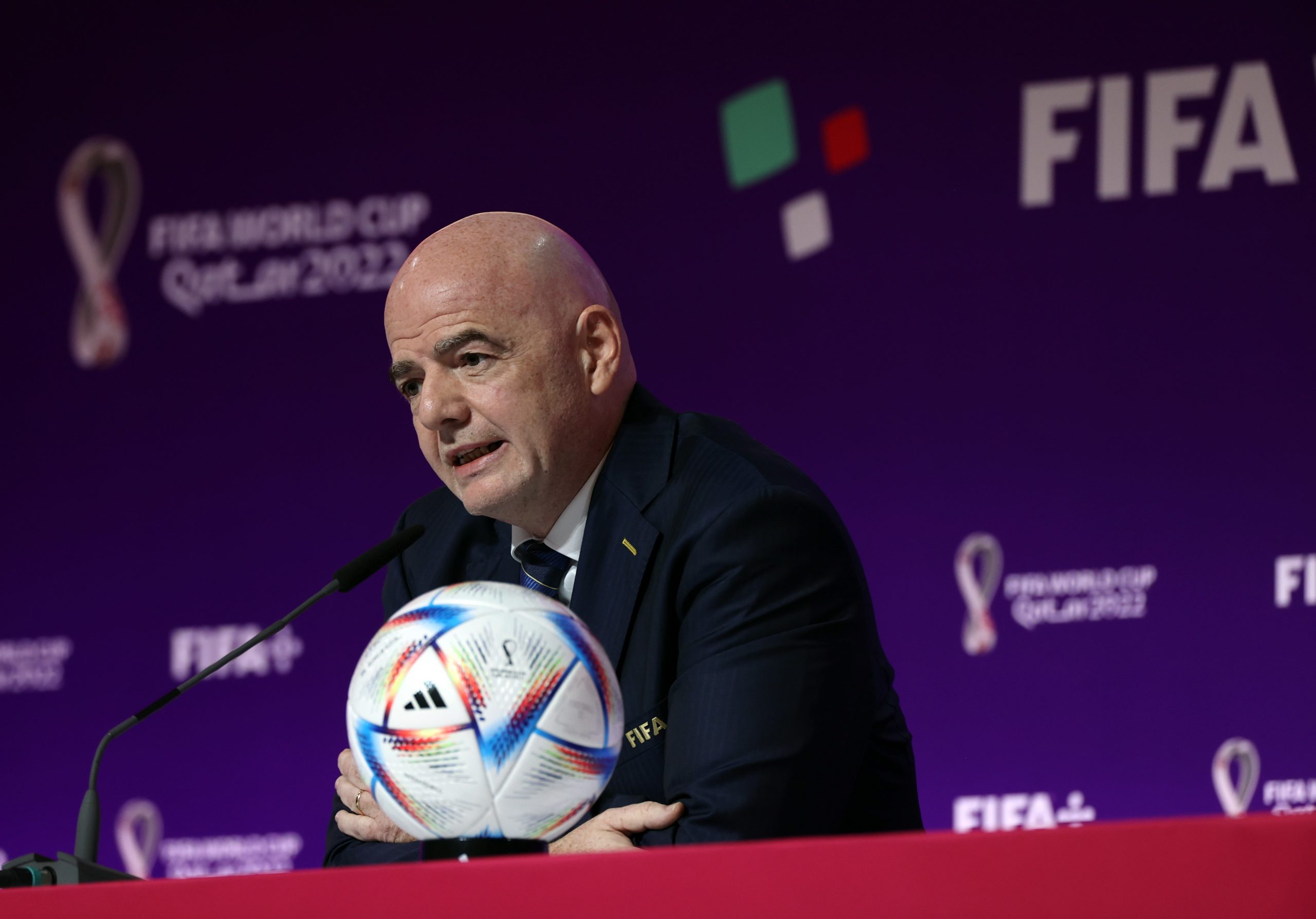 epa10313975 FIFA President Gianni Infantino addresses a press conference in Doha, Qatar, 19 November 2022. The FIFA World Cup Qatar 2022 will take place from 20 November to 18 December 2022.  EPA/MOAHAMED MESSARA
