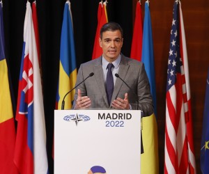 epa10317403 Spanish Prime Minister Pedro Sanchez delivers a speech during the plenary session of the 68th NATO Parliamentary Assembly in Madrid, Spain, 21 November 2022. NATO Parliamentary Assemblys Annual Session runs in Spains capital from 18 to 21 November 2022, with the participation of NATO Secretary General Jens Stoltenberg and, by telematic means, the President of Ukraine, Volodymyr Zelensky.  EPA/CHEMA MOYA