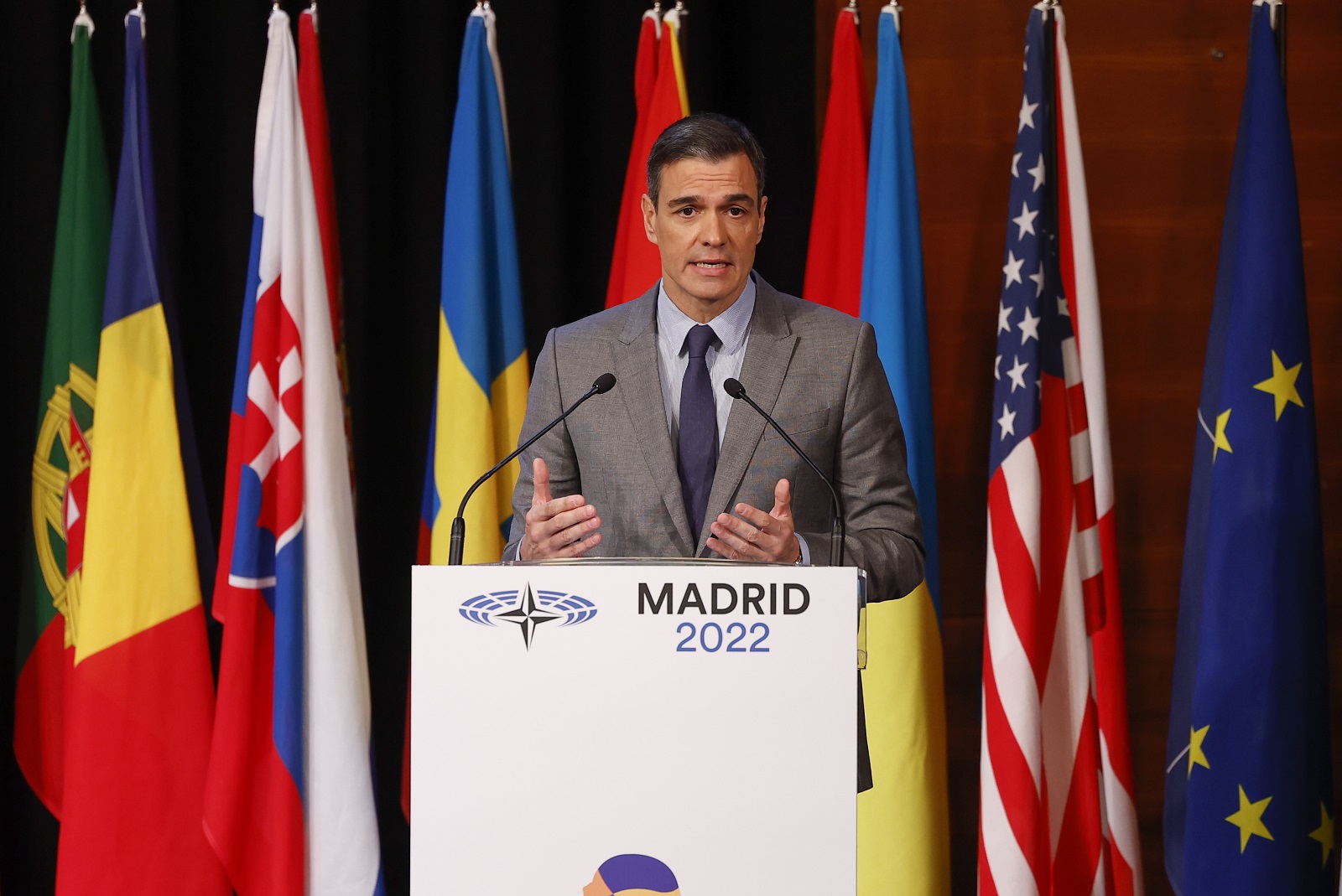 epa10317403 Spanish Prime Minister Pedro Sanchez delivers a speech during the plenary session of the 68th NATO Parliamentary Assembly in Madrid, Spain, 21 November 2022. NATO Parliamentary Assemblys Annual Session runs in Spains capital from 18 to 21 November 2022, with the participation of NATO Secretary General Jens Stoltenberg and, by telematic means, the President of Ukraine, Volodymyr Zelensky.  EPA/CHEMA MOYA