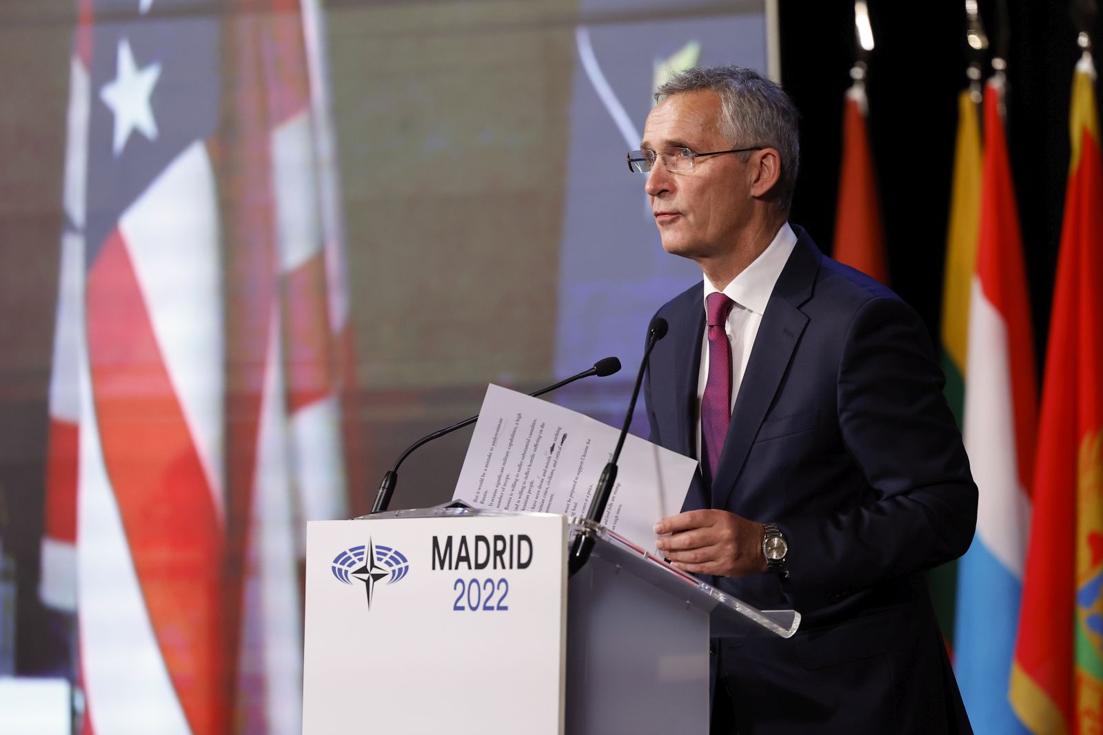 epa10317464 NATO Secretary General Jens Stoltenberg delivers a speech during the 68th NATO Parliamentary Assembly in Madrid, Spain, 21 November 2022. NATO Parliamentary Assemblys Annual Session runs in Spains capital from 18 to 21 November 2022, with the participation, by telematic means, the President of Ukraine, Volodymyr Zelensky.  EPA/CHEMA MOYA