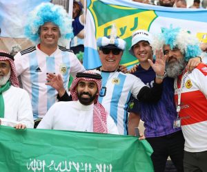 epa10319552 Supporters of Argentina and Saudi Arabia pose for photographs before the FIFA World Cup 2022 group C soccer match between Argentina and Saudi Arabia at Lusail Stadium in Lusail, Qatar, 22 November 2022.  EPA/Mohamed Messara