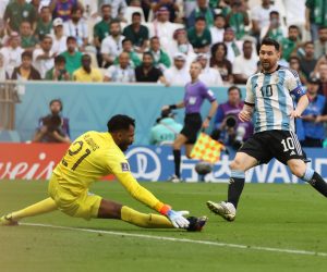 epa10319832 Lionel Messi (R) of Argentina scores an offside goal during the FIFA World Cup 2022 group C soccer match between Argentina and Saudi Arabia at Lusail Stadium in Lusail, Qatar, 22 November 2022.  EPA/Mohamed Messara