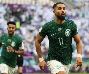 epa10319965 Saleh Alshehri (R) of Saudi Arabia celebrates after scoring the 1-1 equalizer in the FIFA World Cup 2022 group C soccer match between Argentina and Saudi Arabia at Lusail Stadium in Lusail, Qatar, 22 November 2022.  EPA/Mohamed Messara