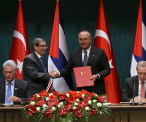 epa10323373 Turkish President Recep Tayyip Erdogan (R), Turkish Foreign Minister Mevlut Cavusoglu (2-R), Cuban President Miguel Diaz-Canel (L) and Cuban Foreign Minister Bruno Rodriguez  (2-L) attend a press conference after their meeting at the Presidential Palace in Ankara, Turkey, 23 November 2022. Cuban President Miguel Mario Diaz-Canel Bermudez is in Turkey for a three day official visit to have talks on bilateral relations between the countries.  EPA/NECATI SAVAS