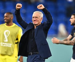epa10330846 France's head coach Didier Deschamps (C) celebrates after winning the FIFA World Cup 2022 group D soccer match between France and Denmark at Stadium 947 in Doha, Qatar, 26 November 2022.  EPA/Noushad Thekkayil