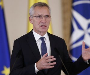 epa10334678 NATO Secretary General Jens Stoltenberg speaks at a press conference at the end of a meeting with Romanian President Klaus Iohannis at Cotroceni Presidential Palace in Bucharest, Romania 28 November 2022. Foreign Ministers from 30 NATO countries will gather in Romania's capital on 29-30 November 2022 to tackle Russia’s invasion in Ukraine, NATO’s support for Kyiv administration and regional partners and to find new ways to strengthen the Eastern flank of the alliance.  EPA/ROBERT GHEMENT