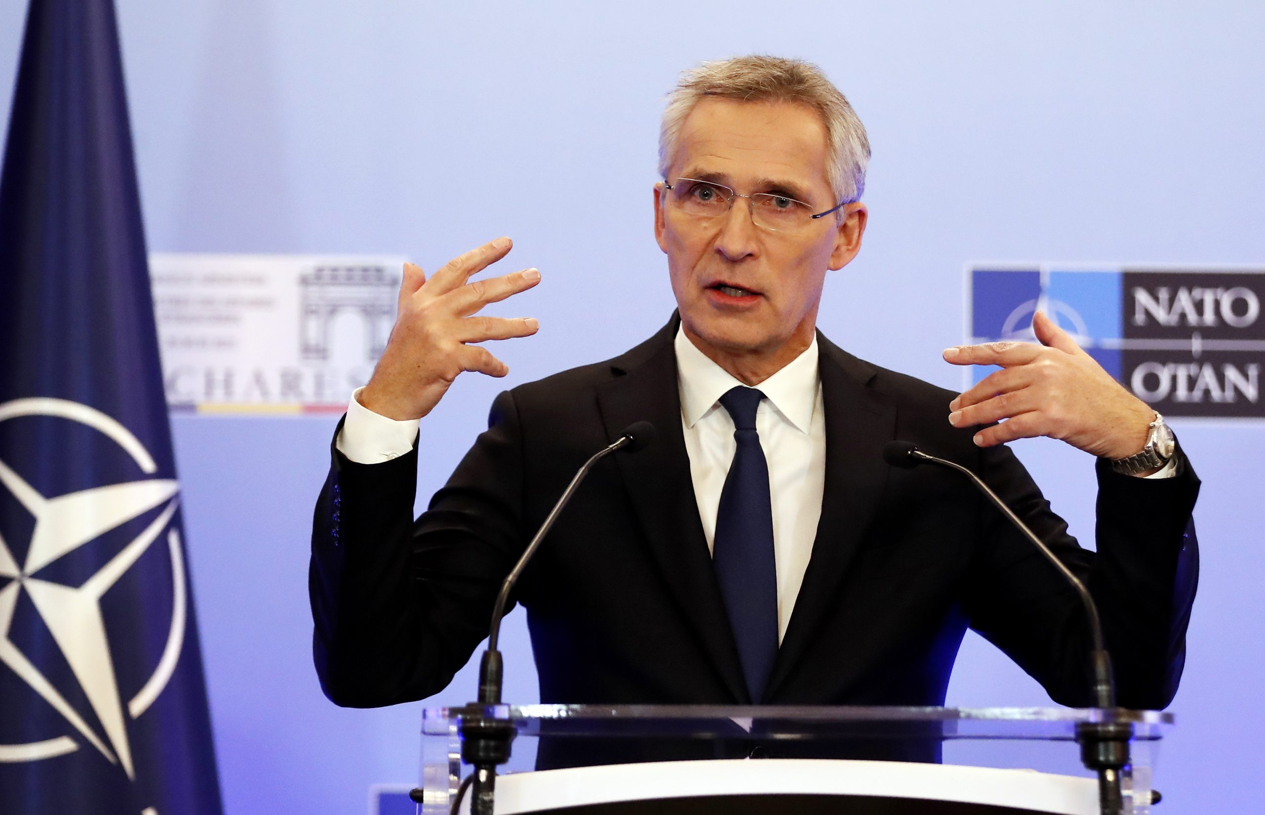 epa10336914 NATO Secretary General Jens Stoltenberg speaks during a press conference at the end of the first day of NATO Foreign Ministers Meeting, at Parliament Palace in Bucharest, Romania, 29 November 2022. Foreign Ministers from NATO countries gathered in Romania's capital on 29-30 November 2022 to tackle Russia’s invasion in Ukraine, NATO’s support for Kyiv administration and regional partners and to find new ways to strengthen the Eastern flank of the alliance.  EPA/ROBERT GHEMENT
