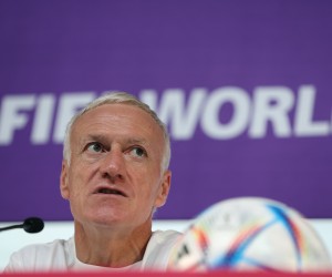 epa10345814 France head coach Didier Deschamps reacts  during a press conference at the FIFA World Cup 2022 in Doha, Qatar, 03 December 2022. France national soccer team faces Poland in their best of 16 match on 04 December.  EPA/Tolga Bozoglu