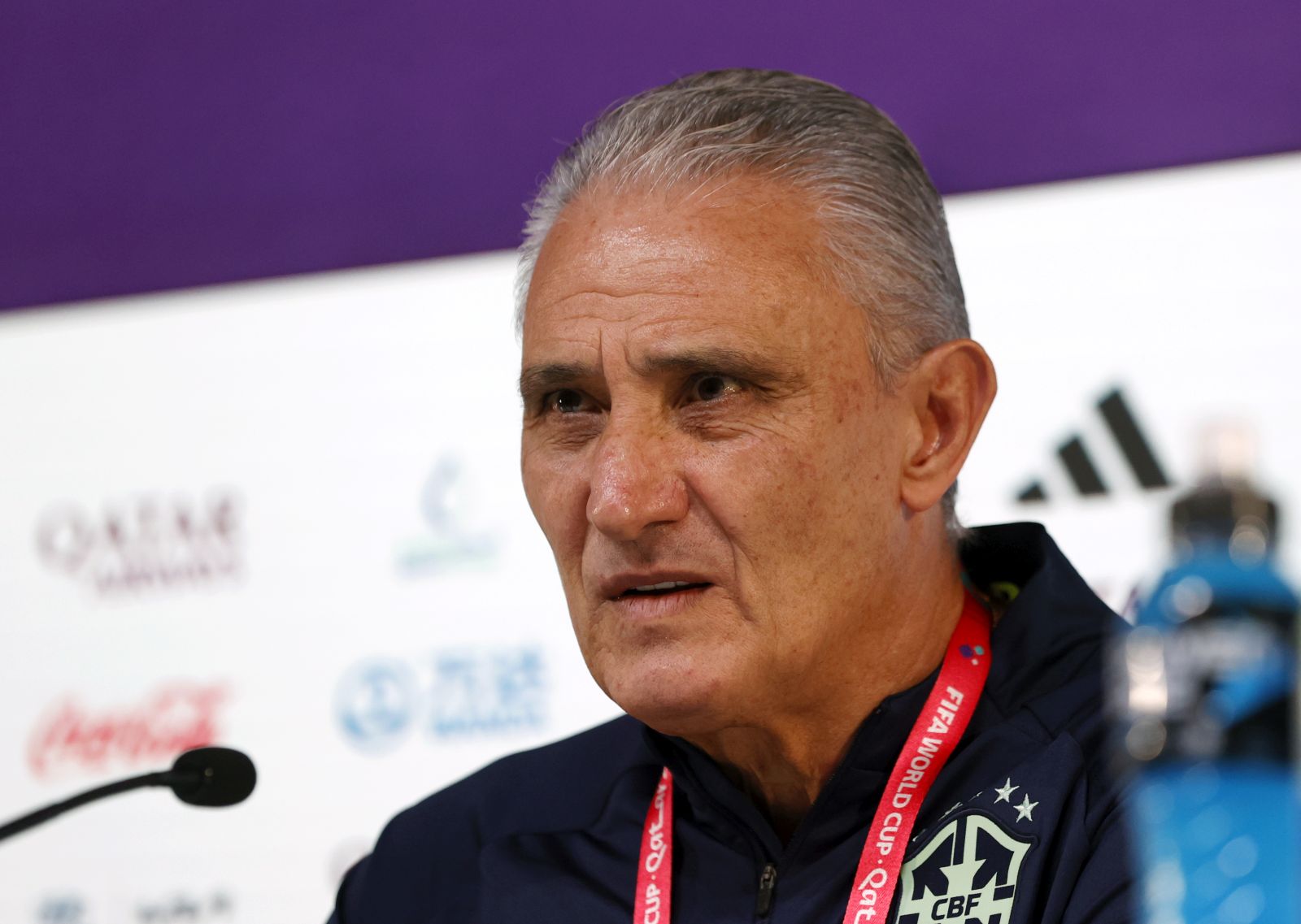 epa10347797 Brazil national soccer team head coach Tite  attends a press conference in Doha, Qatar, 04 December 2022. Brazil will face South Korea on their round of 16 match at the FIFA World Cup on 05 December.  EPA/RUNGROJ YONGRIT