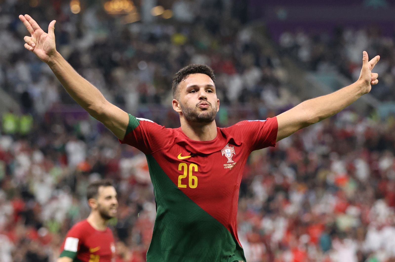 epa10352833 Goncalo Ramos of Portugal celebrates scoring the 5-1 during the FIFA World Cup 2022 round of 16 soccer match between Portugal and Switzerland at Lusail Stadium in Lusail, Qatar, 06 December 2022.  EPA/Abedin Taherkenareh