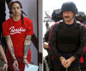epa10355150 A composite image shows US basketball player Brittney Griner (L) escorted to a courtroom for a hearing, in Khimki City Court, Russia, 07 July 2022; and Russian arms dealer Viktor Bout (R) in handcuffs escorted by Thai special forces to board the airplane for extradition to the USA at Don Mueang airport in Bangkok, Thailand, 16 November 2010; issued 08 December 2022. US and Russian government officials on 08 December 2022 confirmed that Brittney Griner and Viktor Bout were exchanged in a prisoner swap.  EPA/YURI KOCHETKOV/STRINGER