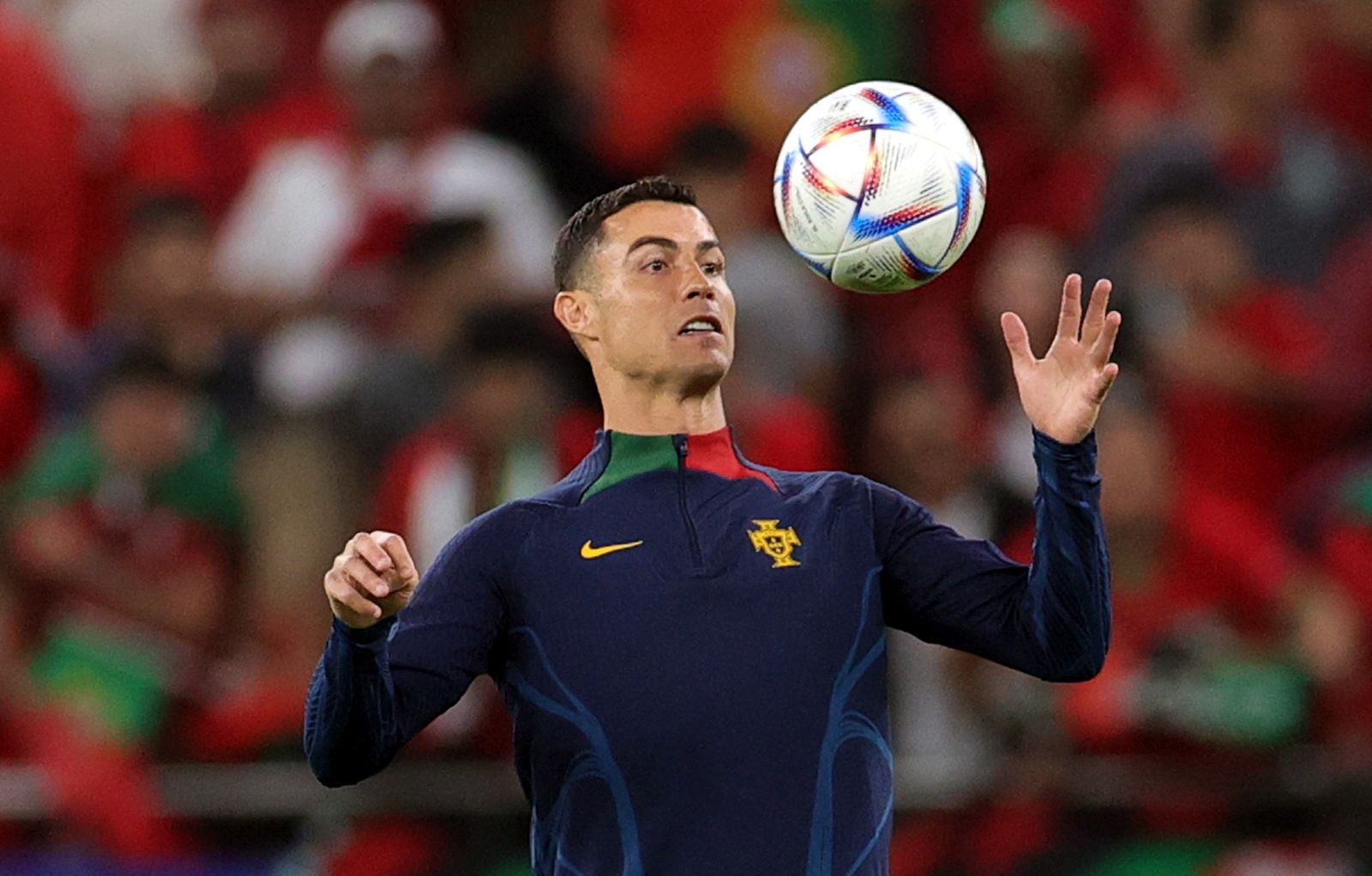 epa10359051 Cristiano Ronaldo of Portugal during warm up prior to the FIFA World Cup 2022 quarter final soccer match between Morocco and Portugal at Al Thumama Stadium in Doha, Qatar, 10 December 2022.  EPA/Friedemann Vogel