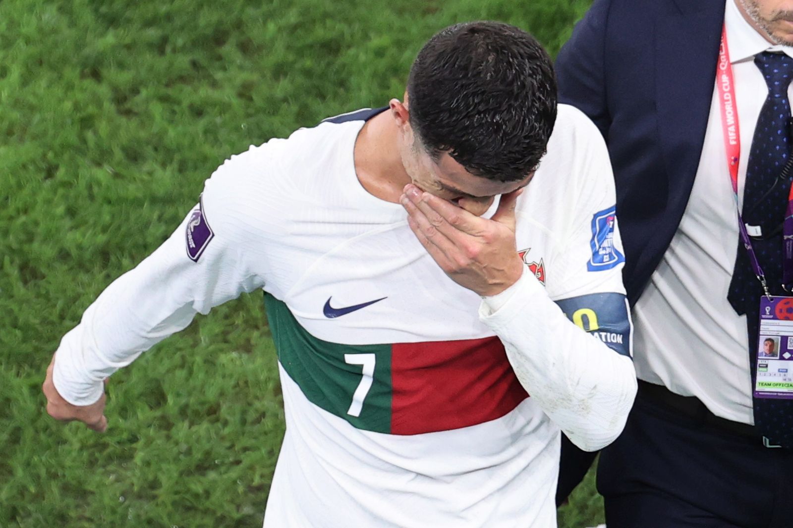 epa10359616 Cristiano Ronaldo of Portugal reacts as he leaves the pitch after the FIFA World Cup 2022 quarter final soccer match between Morocco and Portugal at Al Thumama Stadium in Doha, Qatar, 10 December 2022.  EPA/Abedin Taherkenareh