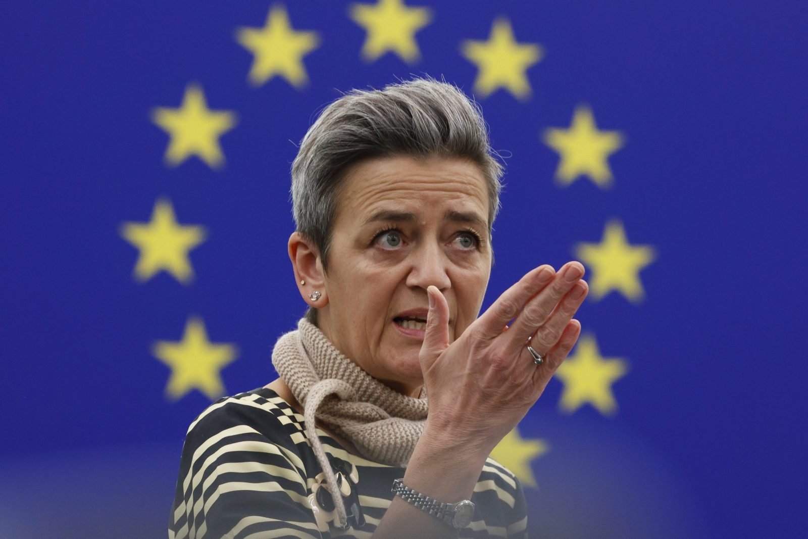 epa10363449 Executive Vice President and European Commissioner for Competition Margrethe Vestager speaks during a session on 'Protection of critical infrastructure from China's interference', at the European Parliament in Strasbourg, France, 13 December 2022.  EPA/JULIEN WARNAND