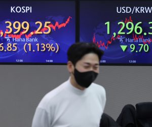 epa10364699 An electronic signboard in the dealing room of Hana Bank in Seoul, South Korea, 14 December 2022. The benchmark Korea Composite Stock Price Index (KOSPI) gained 26.85 points, or 1.13 percent, to close at 2,399.25. South Korean stocks closed higher as a slowdown in US inflation boosted hope for the Federal Reserve's less aggressive monetary tightening.  EPA/YONHAP SOUTH KOREA OUT