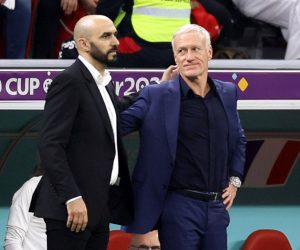 epa10366278 Head coach Walid Regragui of Morocco (L) and Head coach Didier Deschamps of France react after the FIFA World Cup 2022 semi final between France and Morocco at Al Bayt Stadium in Al Khor, Qatar, 14 December 2022.  EPA/Ronald Wittek