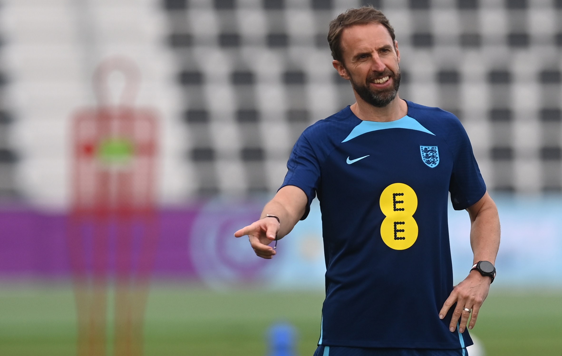epa10353537 England manager Gareth Southgate leads his team's training session in Doha, Qatar, 07 December 2022. England will face France in their FIFA World Cup 2022 quarter final soccer match on 10 December 2022.  EPA/NEIL HALL