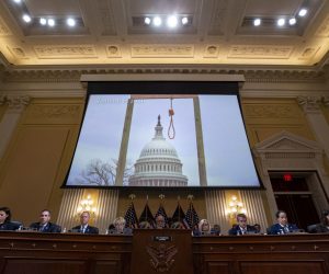 epa10374256 An image of a noose outside the US Capitol is displayed on a screen during a hearing of the Select Committee to Investigate the January 6th Attack on the US Capitol in Washington, DC, USA, 19 December 2022.  EPA/Al Drago / POOL