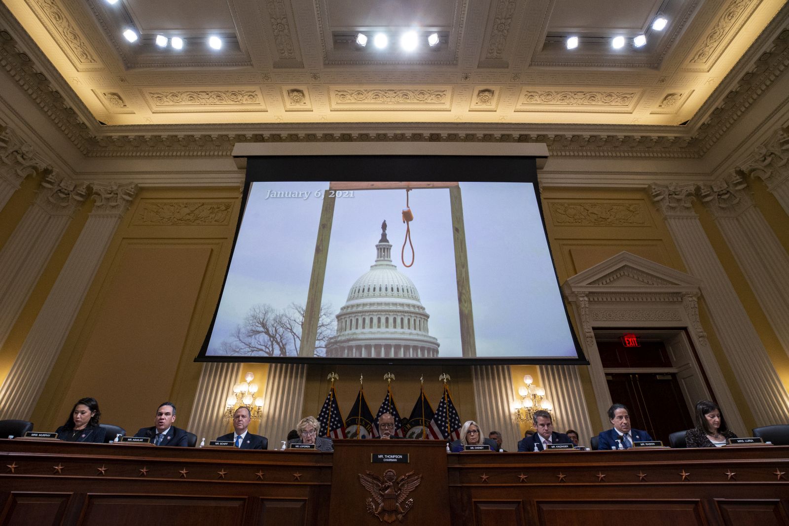 epa10374256 An image of a noose outside the US Capitol is displayed on a screen during a hearing of the Select Committee to Investigate the January 6th Attack on the US Capitol in Washington, DC, USA, 19 December 2022.  EPA/Al Drago / POOL